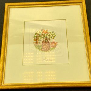 Vtg Cat Below Tree Hand Colored Water Color Painting By G.S. Santamaria W/ Frame